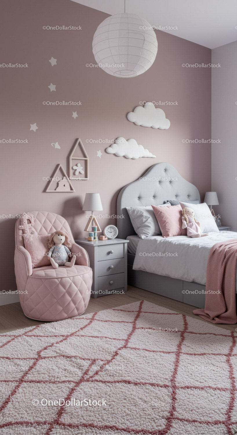 Cute Child's Nursery with Cloud Wall Decor and Pink Accents