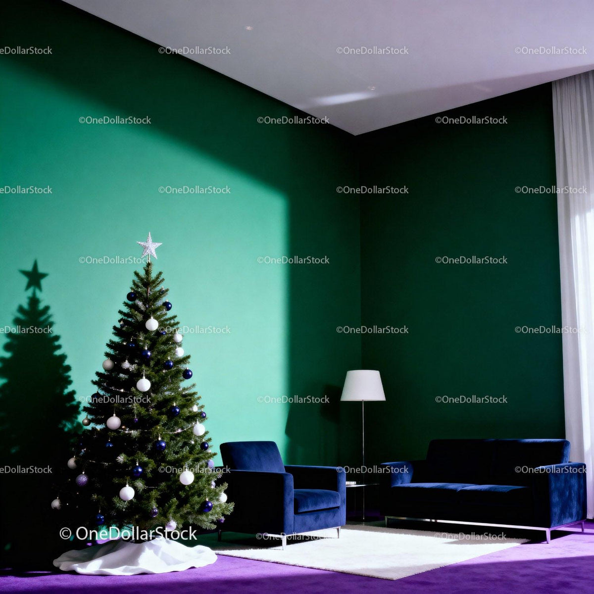 Modern living room with decorated Christmas tree in sunlight
