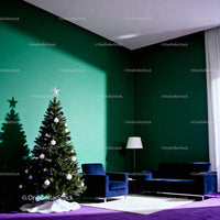 Modern living room with decorated Christmas tree in sunlight