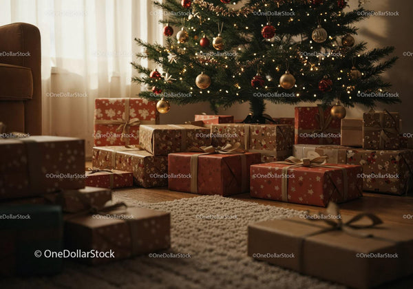 Cozy living room with decorated Christmas tree and gifts