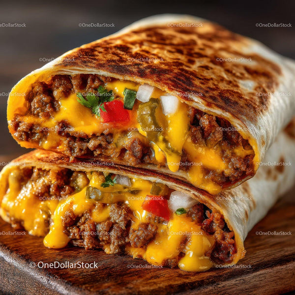 Beef Cheeseburger Burrito with Melted Cheddar and Fresh Vegetables