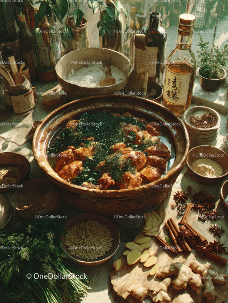 Traditional Asian Hot Pot with Spices and Fresh Herbs