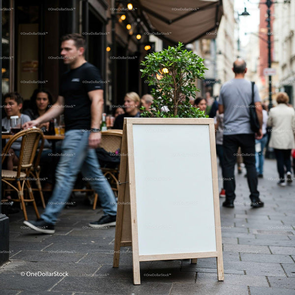 Outdoor café street scene with blank sidewalk signboard JPG Mockup Image