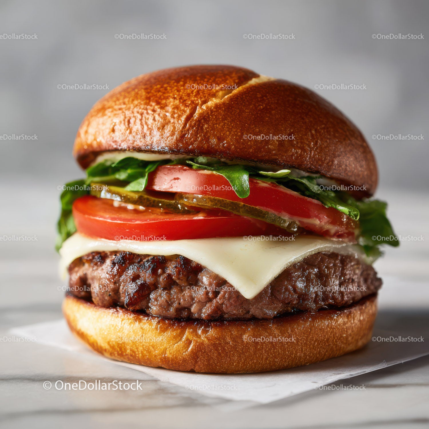 Juicy Grilled Beef Cheeseburger with Fresh Vegetables in Toasted Bun