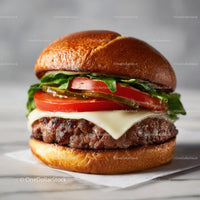 Juicy Grilled Beef Cheeseburger with Fresh Vegetables in Toasted Bun