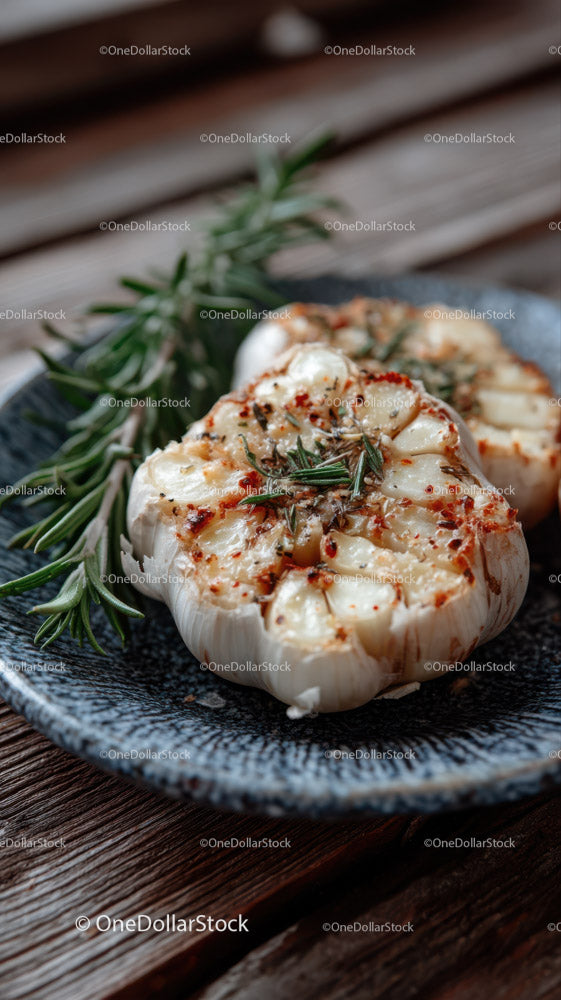 Roasted Garlic Cloves with Herbs on Rustic Plate for Gourmet Cooking