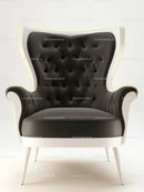 Elegant Black Leather Armchair with White Wooden Legs for Modern Interior