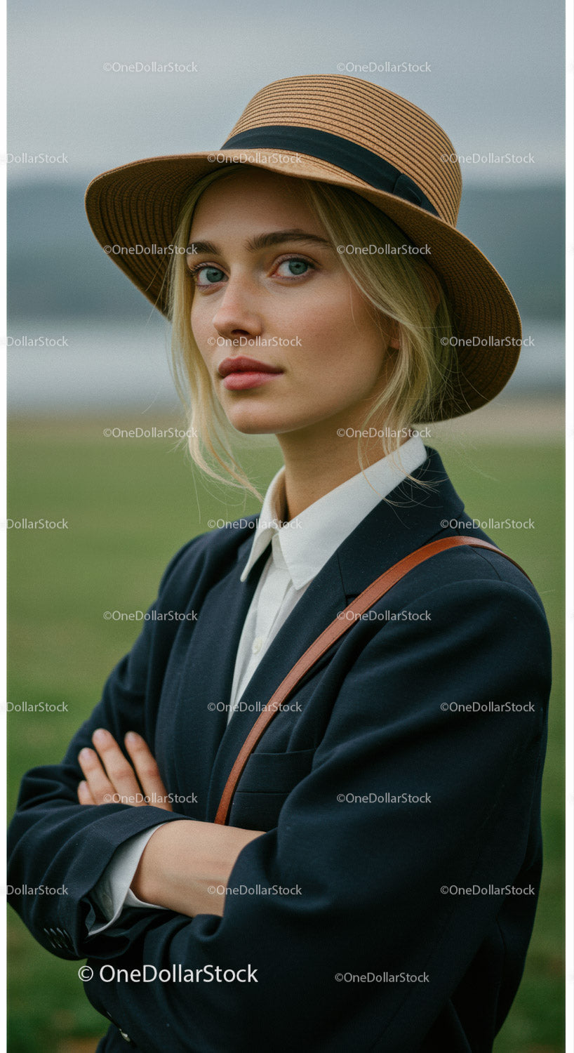 Stylish Woman Wearing Summer Hat Outdoors in Fashionable Casual Attire