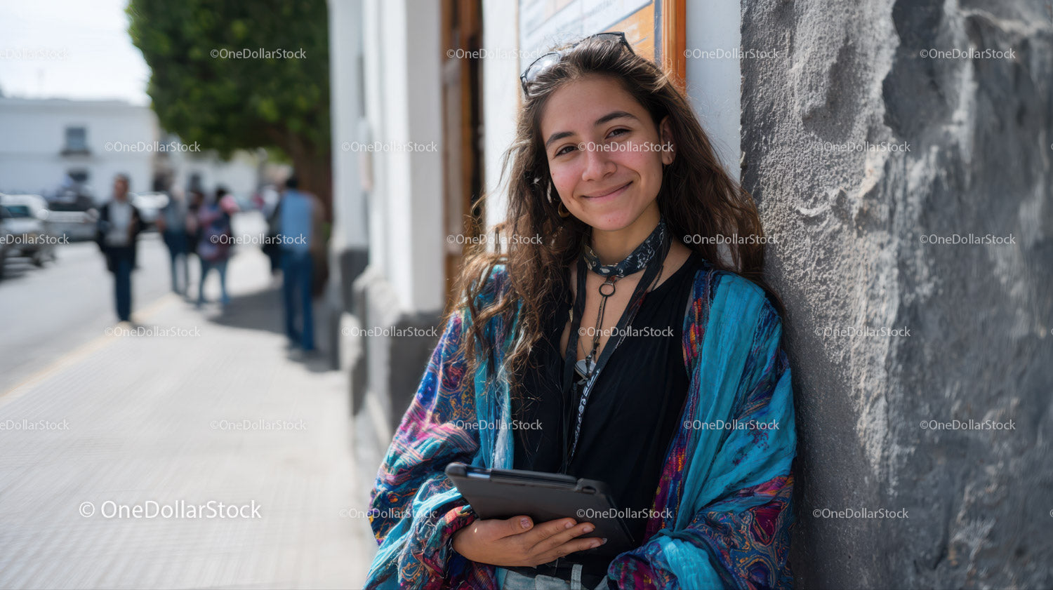 Young Woman Smiling in Casual Outfit Leaning Against Wall