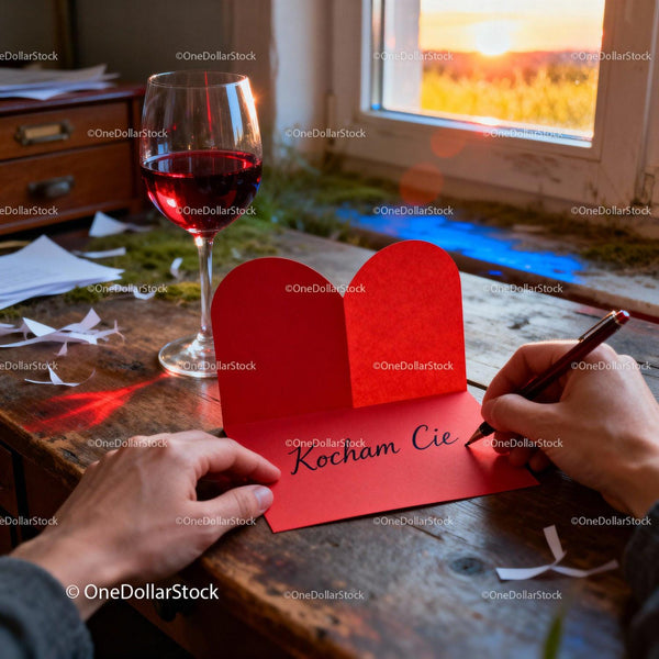 Hand Writing Love Note With Red Wine At Sunset