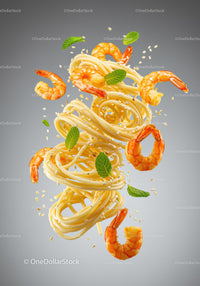 Flying shrimp pasta with mint and sesame seeds