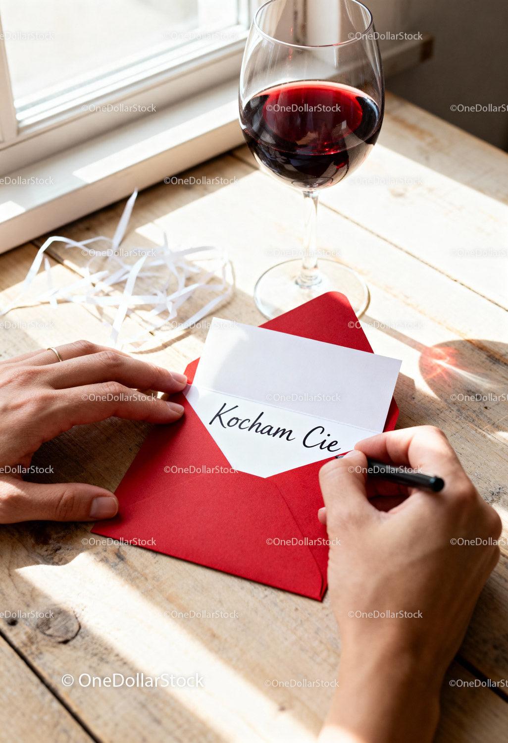 Writing a Love Note with Glass of Red Wine Nearby