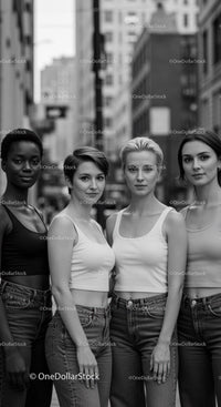 Confident young women standing together in urban street