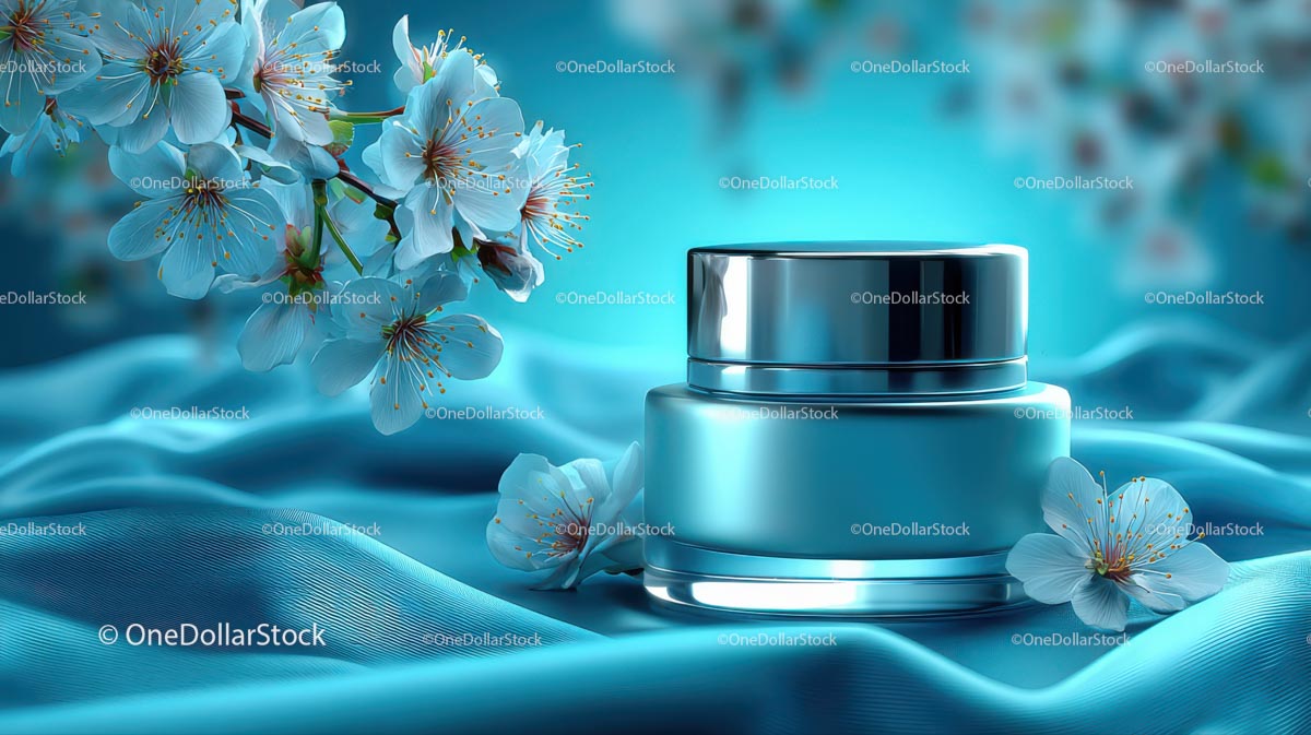 Refreshing Cosmetic Jar with Cherry Blossoms on Blue Silk