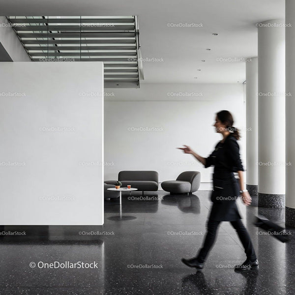 Woman Walking in Modern Minimalist Lobby Space JPG Mockup Image