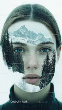 Woman with Mountain and Forest Double Exposure Portrait