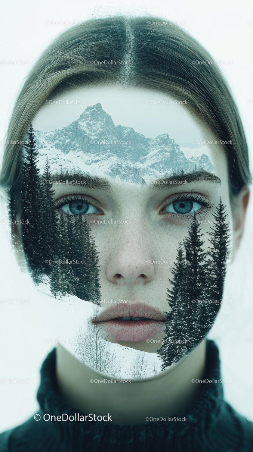 Woman with Mountain and Forest Double Exposure Portrait