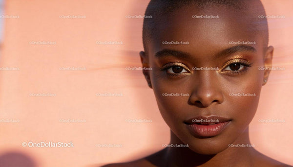 Confident young woman with golden makeup on peach background