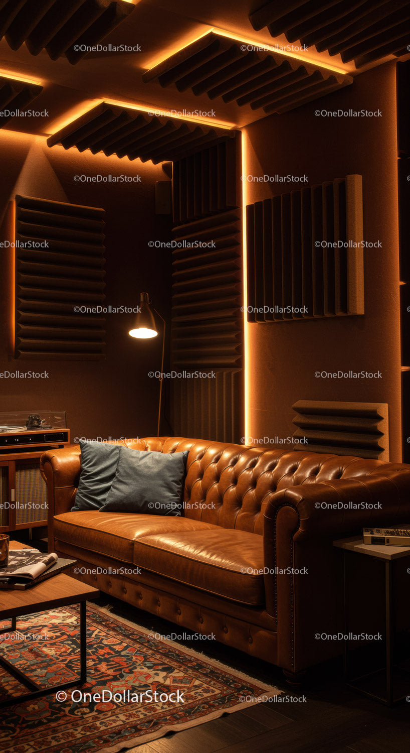 Cozy leather sofa in stylish acoustic room with warm light