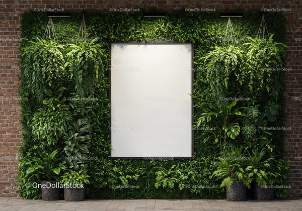 Modern Urban Green Wall with Blank Display Frame JPG Mockup Image