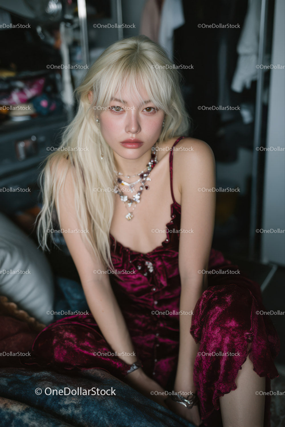 Elegant Woman in Velvet Dress with Jewelry in Indoor Portrait