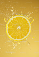 Fresh lemon slice splashing vibrant juice droplets