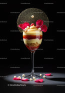 Elegant layered dessert with raspberries and decorative pearls