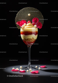 Elegant layered dessert with raspberries and decorative pearls