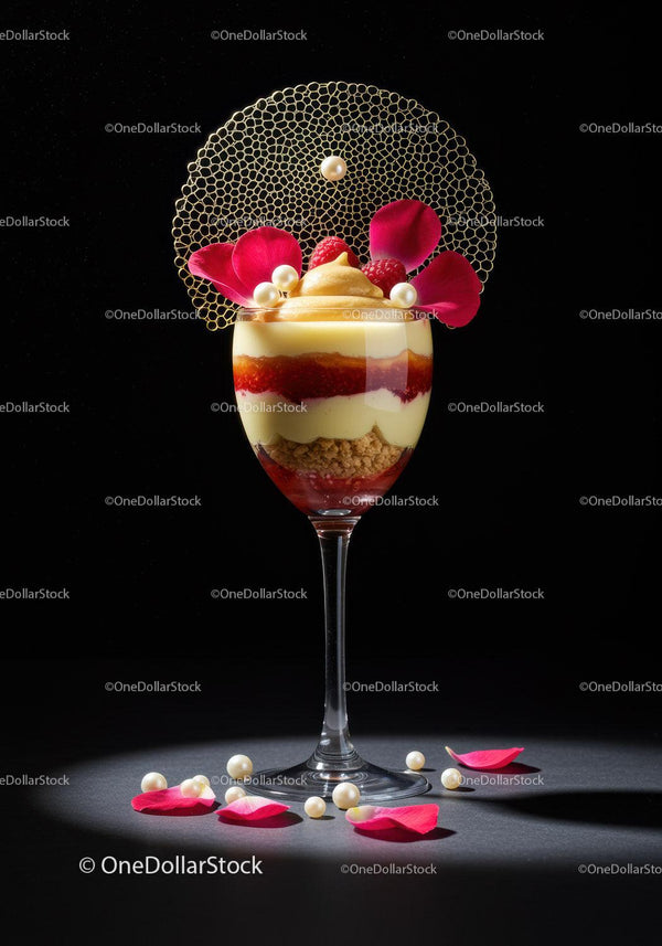 Elegant layered dessert with raspberries and decorative pearls