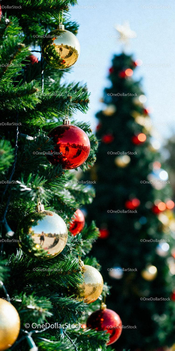 Festive Red and Gold Baubles on Christmas Tree