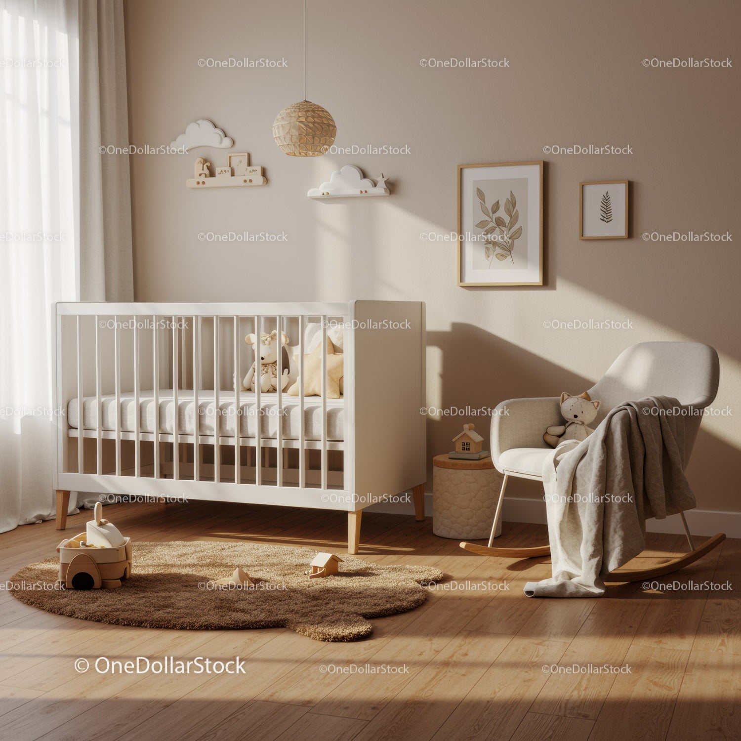 Cozy minimalist nursery with crib and rocking chair