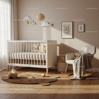 Cozy minimalist nursery with crib and rocking chair