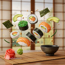 Floating fresh sushi and ingredients over bamboo mat