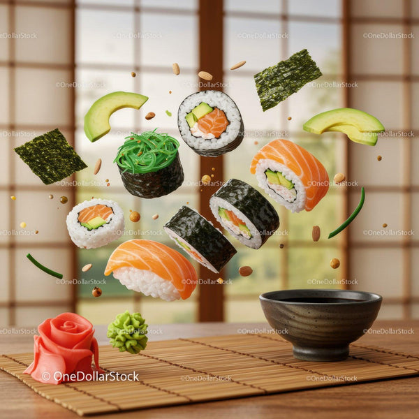 Unoszące się świeże sushi i składniki nad bambusową matą