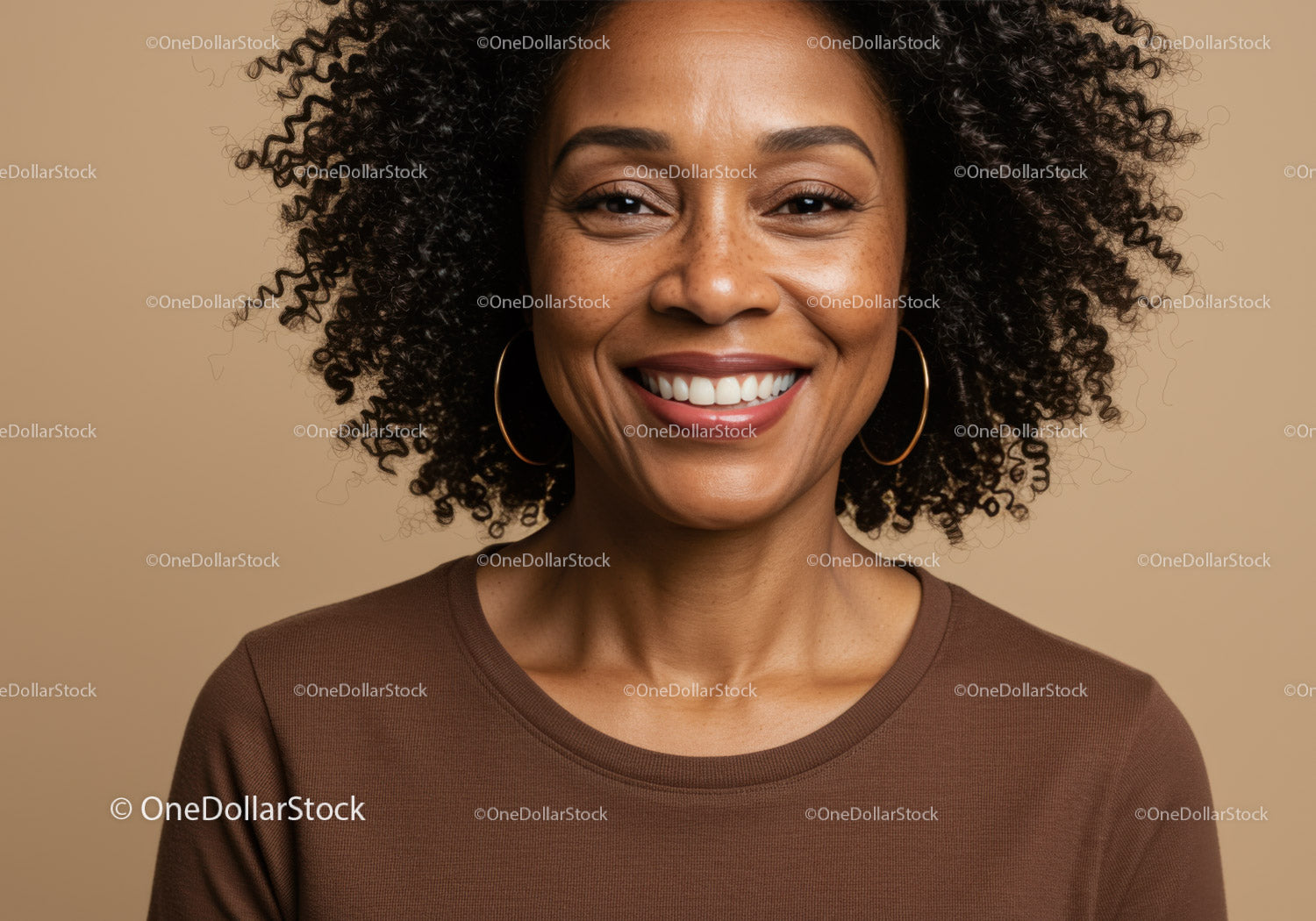 Portrait of a Smiling Black Woman with Curly Hair Over Wooden Background