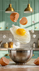 Floating Fried Egg and Sugar Cubes over Mixing Bowl