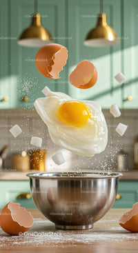 Floating Fried Egg and Sugar Cubes over Mixing Bowl