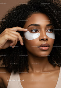 Young Woman with Curly Hair Applying Eye Mask for Skincare