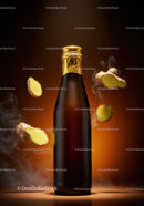 Dark Beverage Bottle with Fresh Ginger Roots and Steam