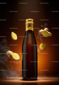 Dark Beverage Bottle with Fresh Ginger Roots and Steam