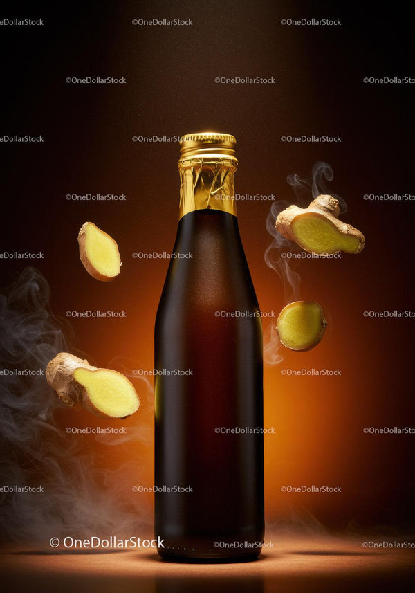 Dark Beverage Bottle with Fresh Ginger Roots and Steam