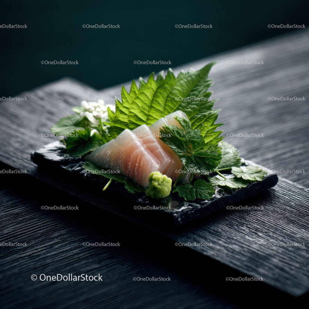 Fresh Sashimi Placed on Black Plate with Green Garnishes and Wasabi
