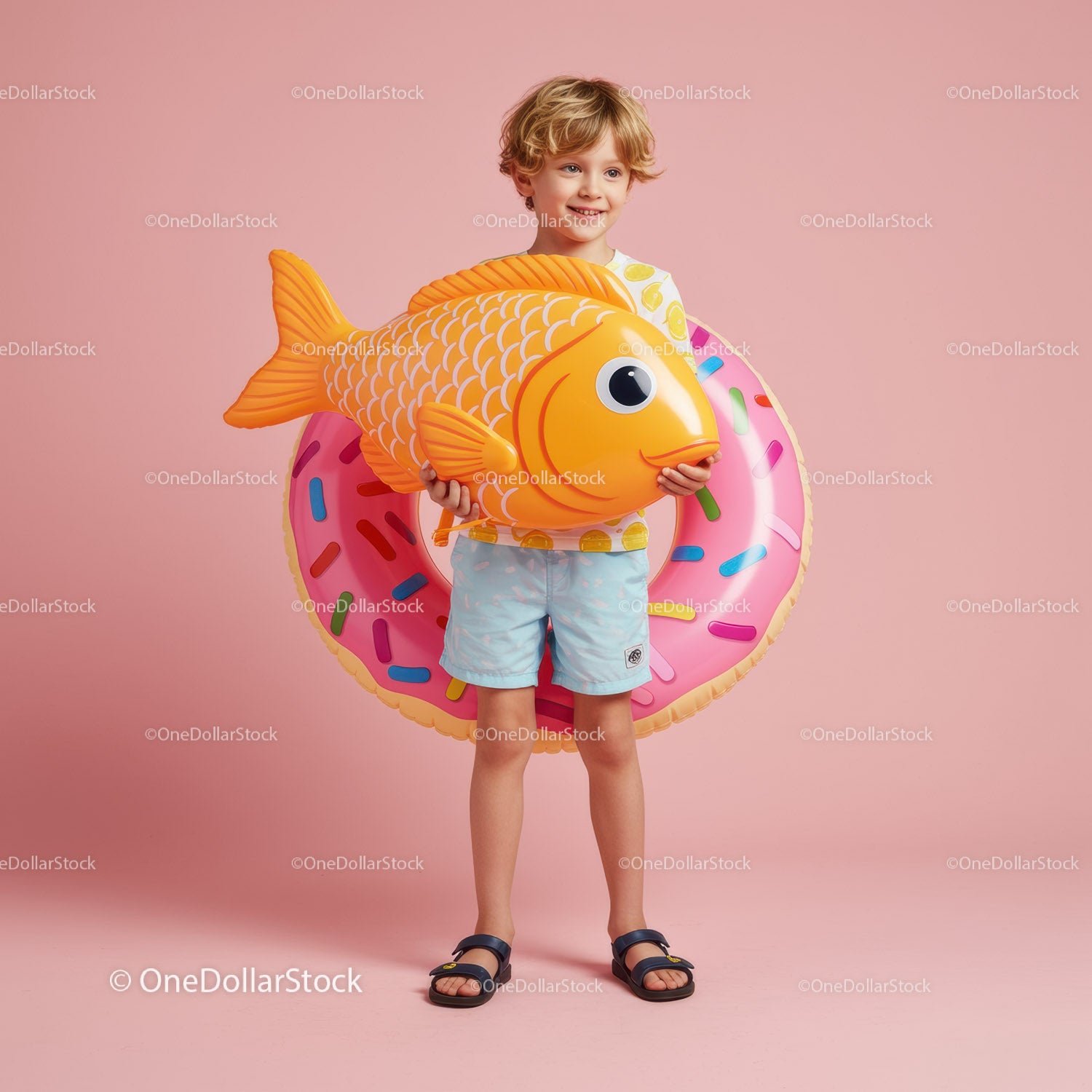 Little Boy with Inflatable Fish and Donut Float
