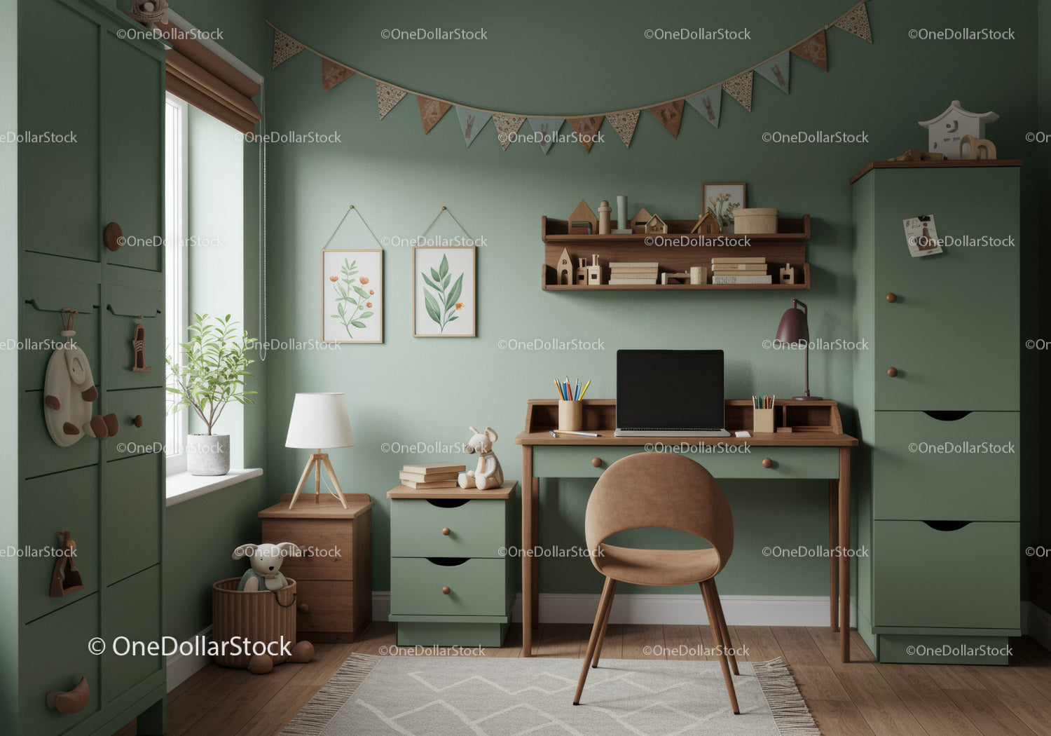Green and Wooden Cozy Home Office with Study Desk and Plant