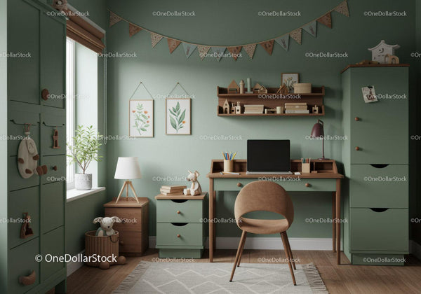 Green and Wooden Cozy Home Office with Study Desk and Plant