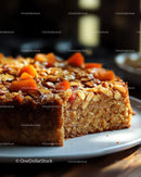 Nut-Topped Almond Cake with Caramel Glaze in Cozy Bakery Scene