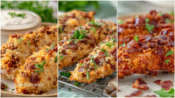 Crispy Fried Chicken Fillet with Herb Garnish on Wire Rack Stock Photo Bundle (12 JPG Files)