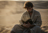 Man Reading Book in Desert Sand with Sunset Light