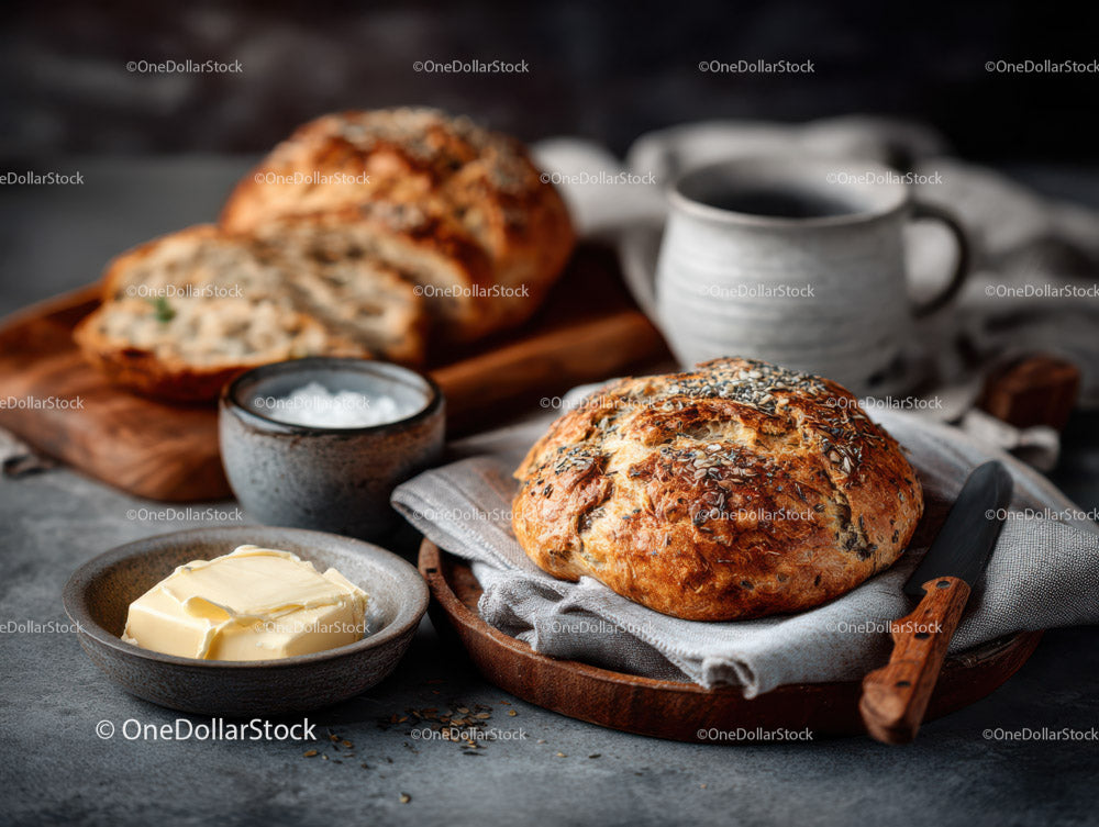 Fresh Whole Grain Bread with Butter Coffee on Cozy Breakfast Table