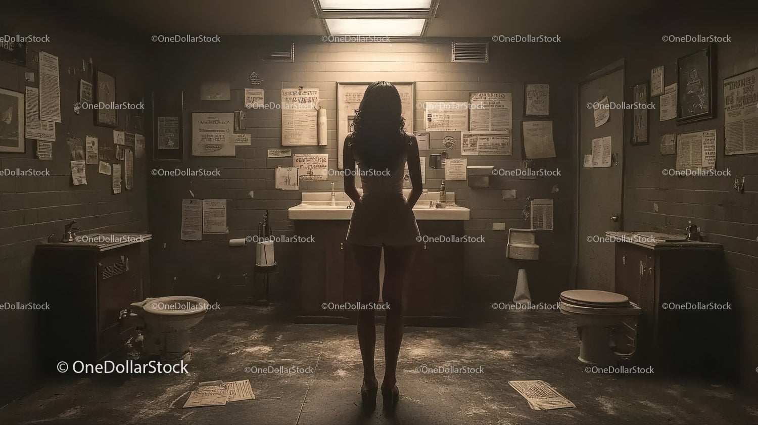 Mysterious Woman Silhouette in Abandoned Bathroom Scene